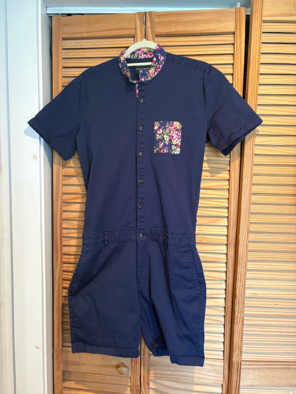 Romperjack Navy Short-Sleeve Utility Romper Floral Trim Jumpsuit Summer Menswear